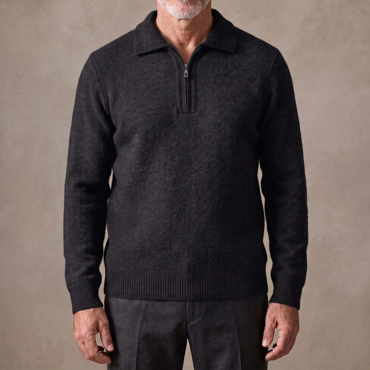Black men's fuzzy knit quarter-zip sweater with spread polo collar, worn