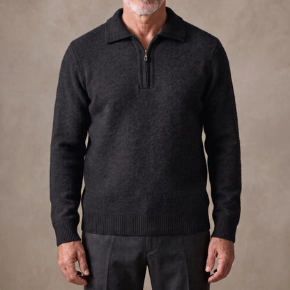 Black men's fuzzy knit quarter-zip sweater with spread polo collar, worn