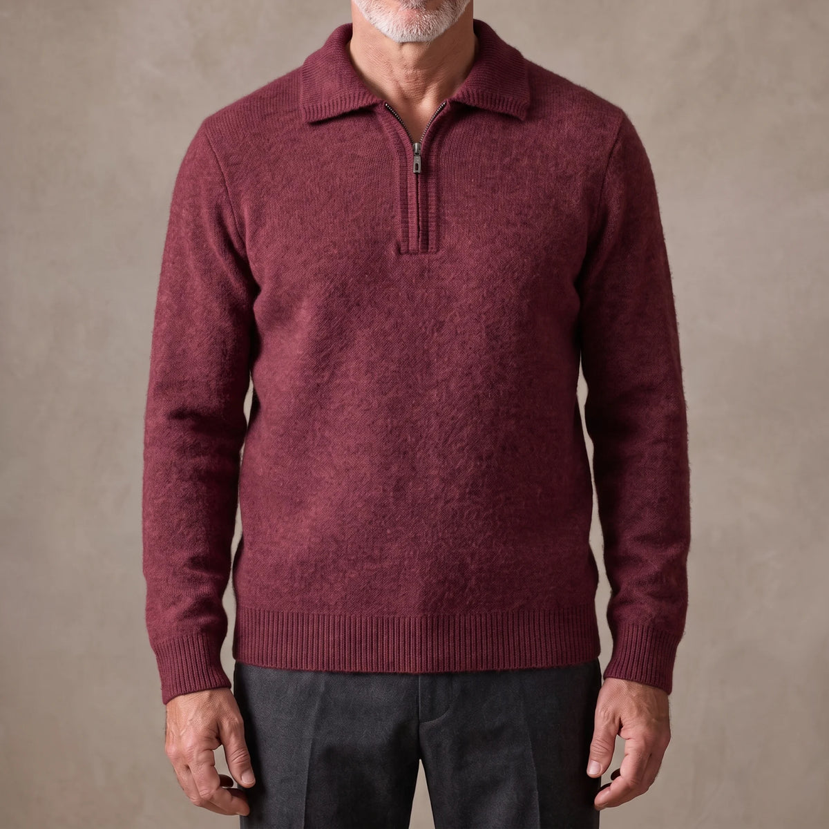 Burgundy men's fuzzy knit quarter-zip sweater with spread polo collar, worn