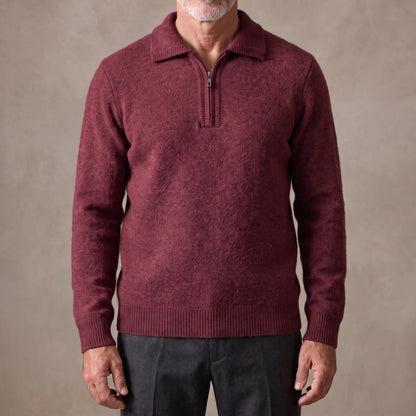 Burgundy men's fuzzy knit quarter-zip sweater with spread polo collar, worn