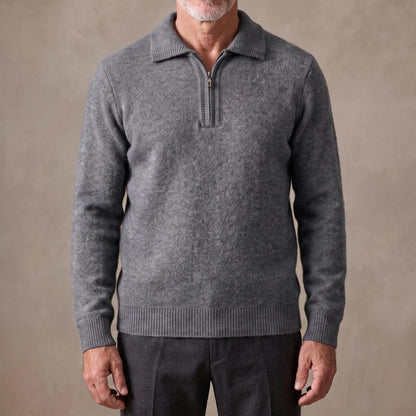 Grey men's fuzzy knit quarter-zip sweater with spread polo collar, worn