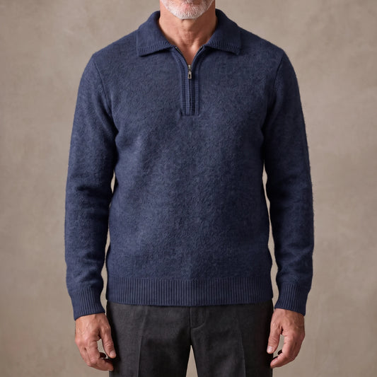 Navy men's fuzzy knit quarter-zip sweater with spread polo collar, worn