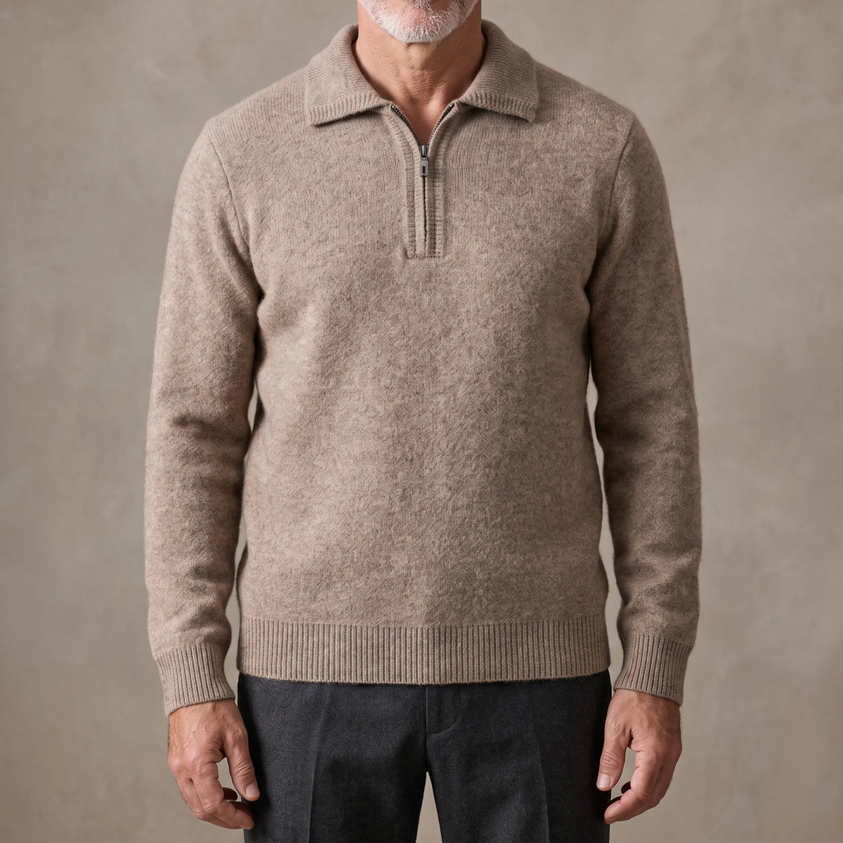 Tan men's fuzzy knit quarter-zip sweater with spread polo collar, worn