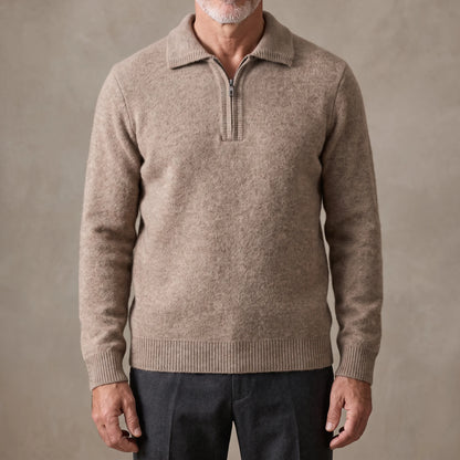 Tan men's fuzzy knit quarter-zip sweater with spread polo collar, worn