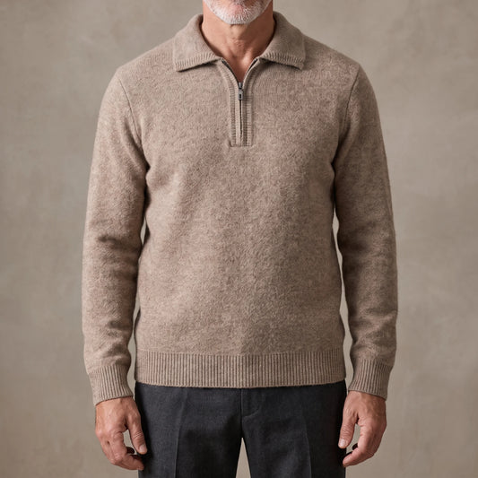 Tan men's fuzzy knit quarter-zip sweater with spread polo collar, worn