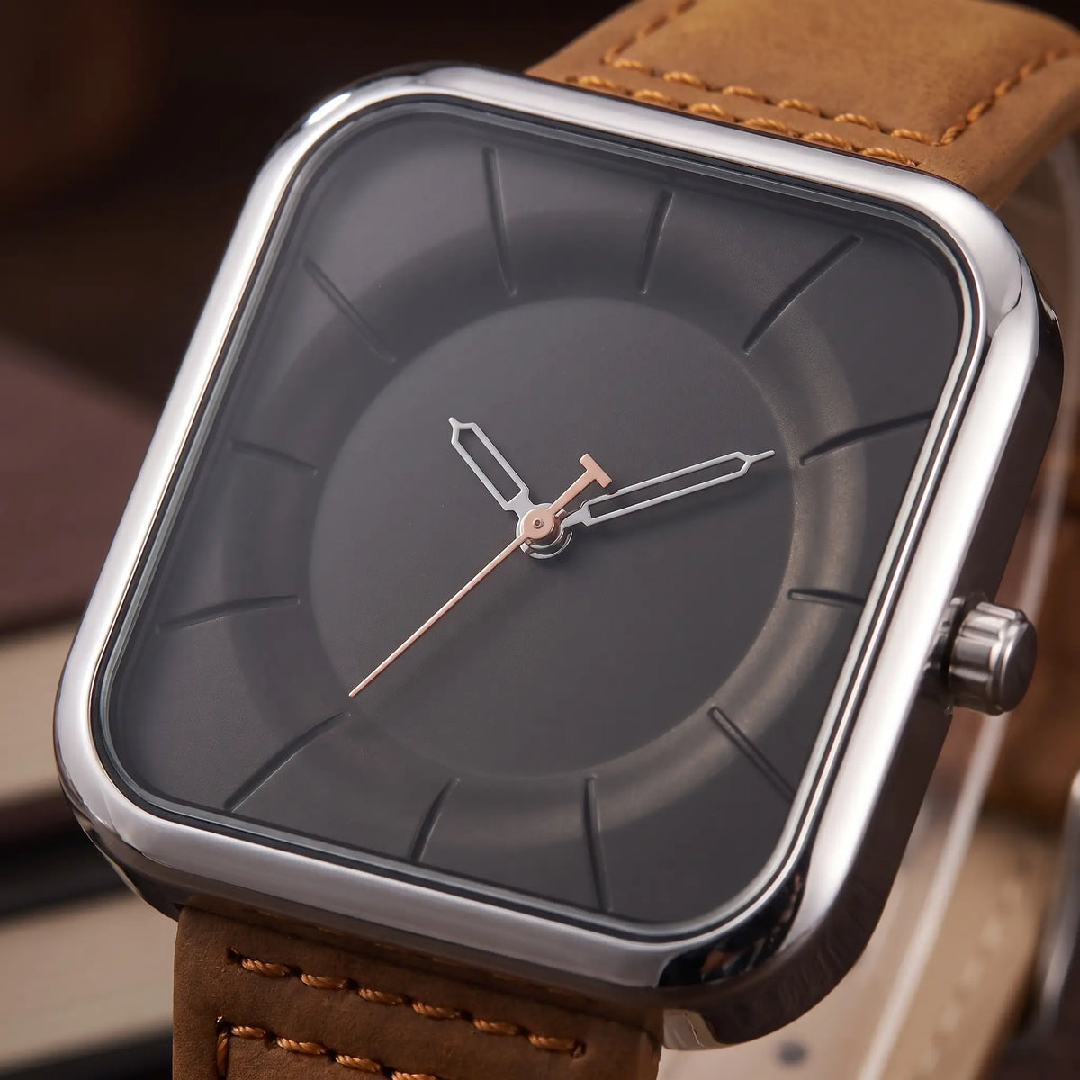 Square Face Watch in Silver Brown, square dial and hands close-up