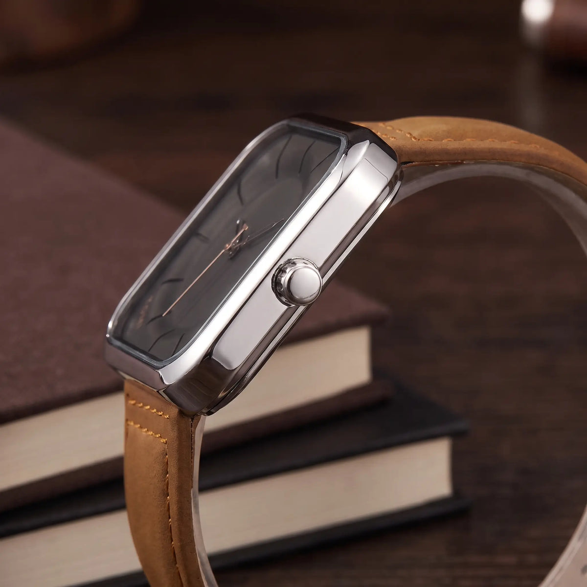 Square Face Watch in Silver Brown, case side with crown and stitched leather strap