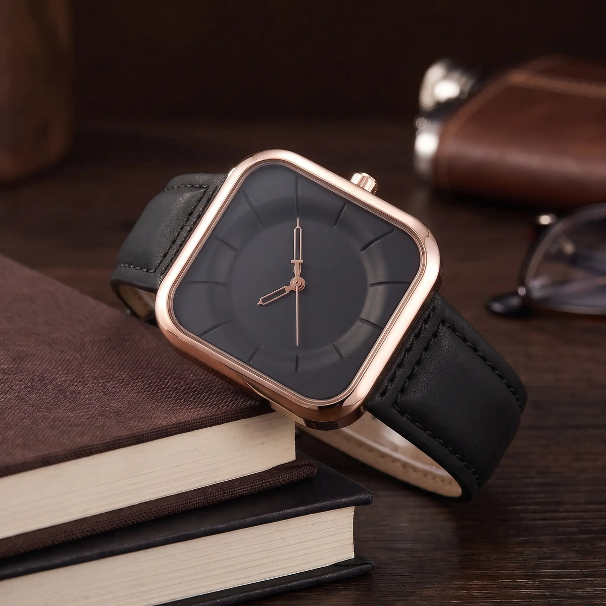 Square Face Watch in Rose Gold Black