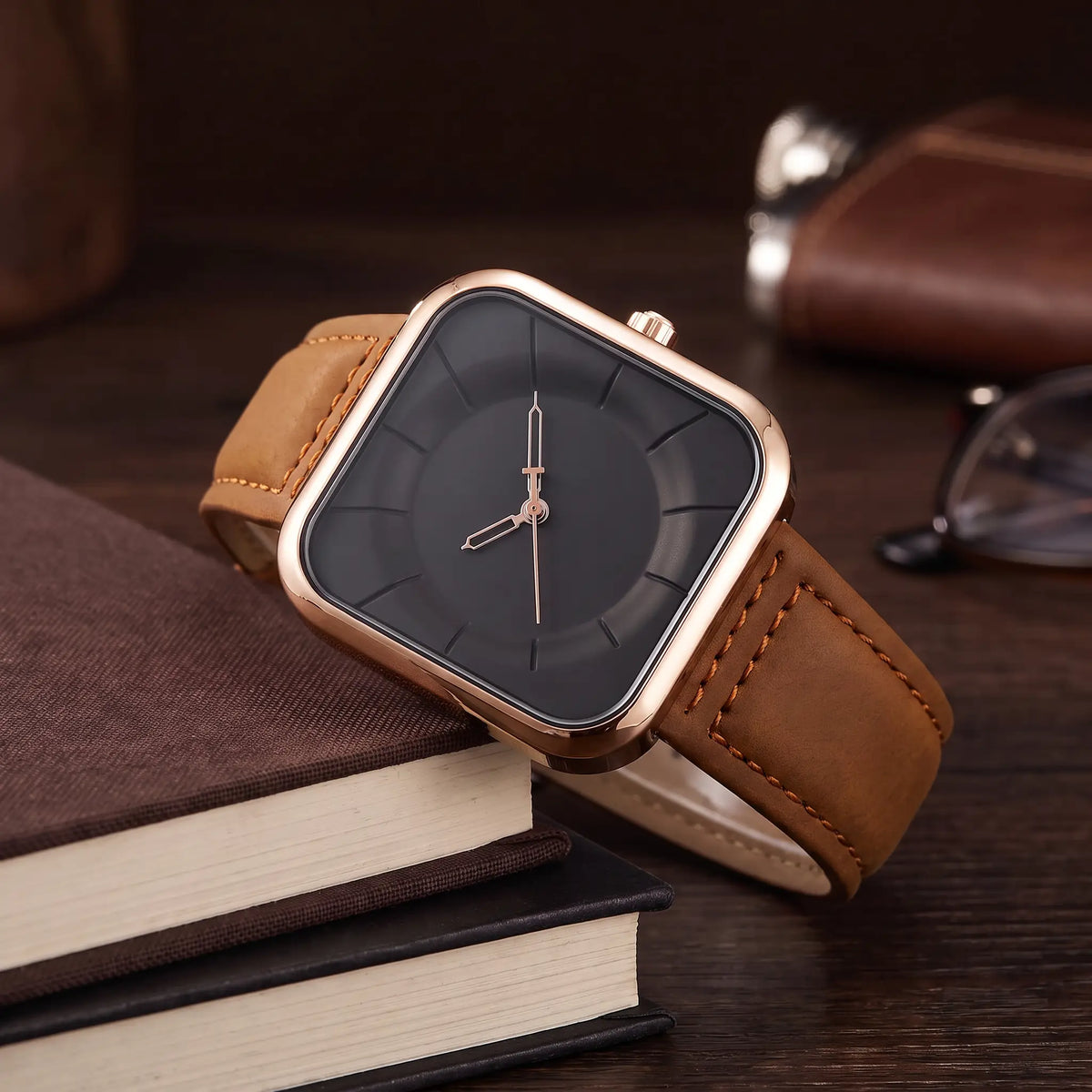 Square Face Watch in Rose Gold Brown