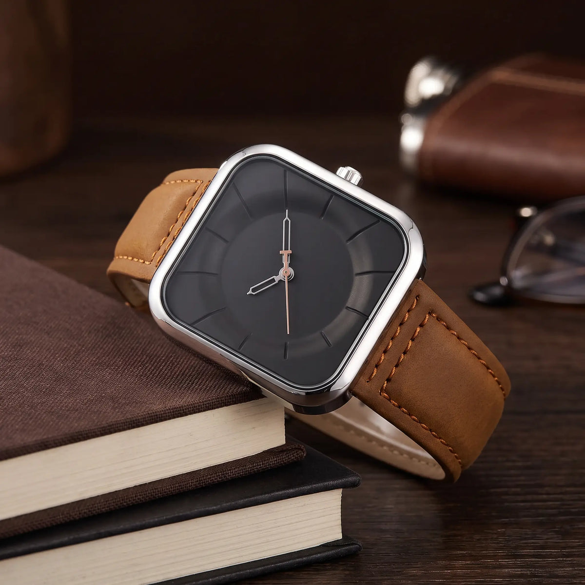 Square Face Watch in Silver Brown