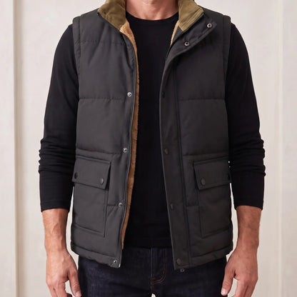 Stand Collar Vest for men in black, padded sleeveless vest with corduroy stand collar