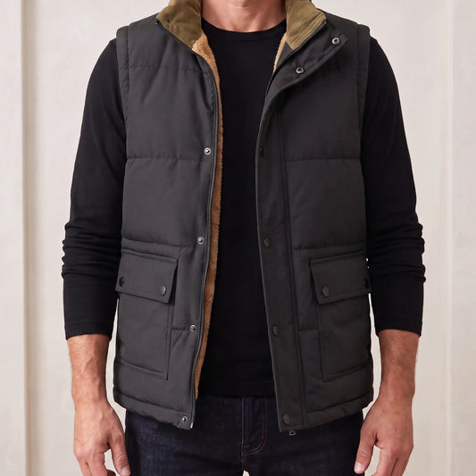 Stand Collar Vest for men in black, padded sleeveless vest with corduroy stand collar
