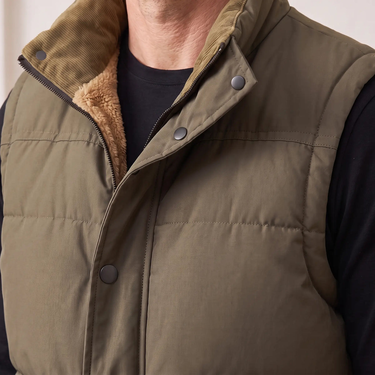 Close up of the corduroy faced stand collar, zip and fleece lining on Stand Collar Vest