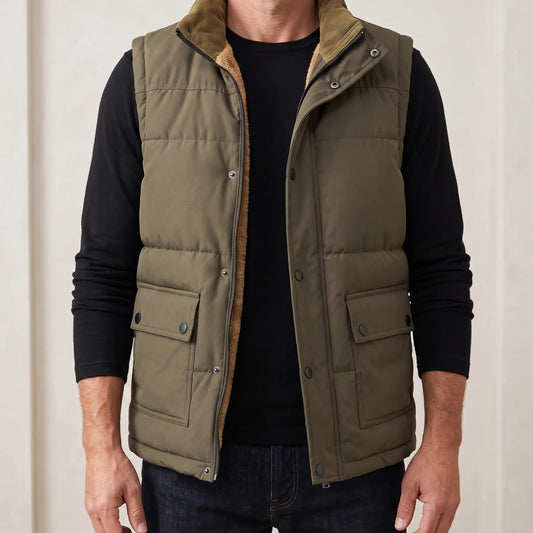 Stand Collar Vest for men in green, padded sleeveless vest worn open over a black tee