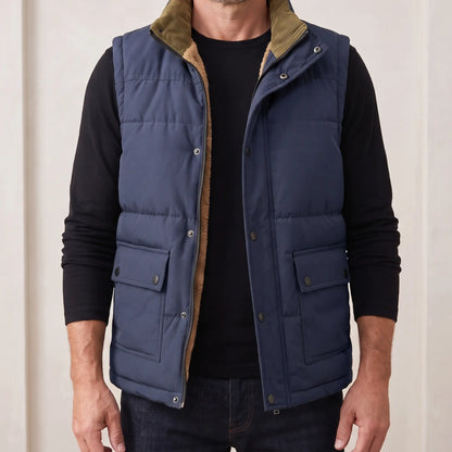 Stand Collar Vest for men in navy blue, padded sleeveless vest with tall collar