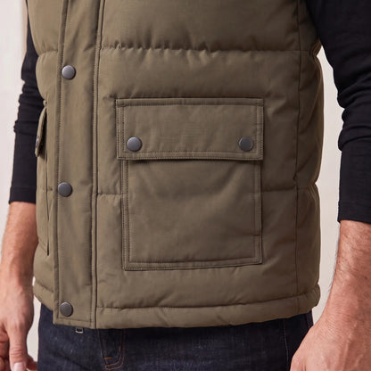 Close up of the snap flap pocket, quilted panels and hem on Stand Collar Vest