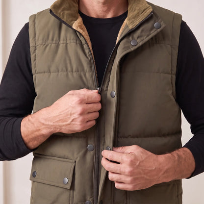 Man fastening the Stand Collar Vest, hands at the front zip and snap placket
