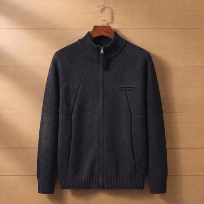 STAND COLLAR CARDIGAN in black, men's stand collar zip knit cardigan with raglan sleeves and chest pocket