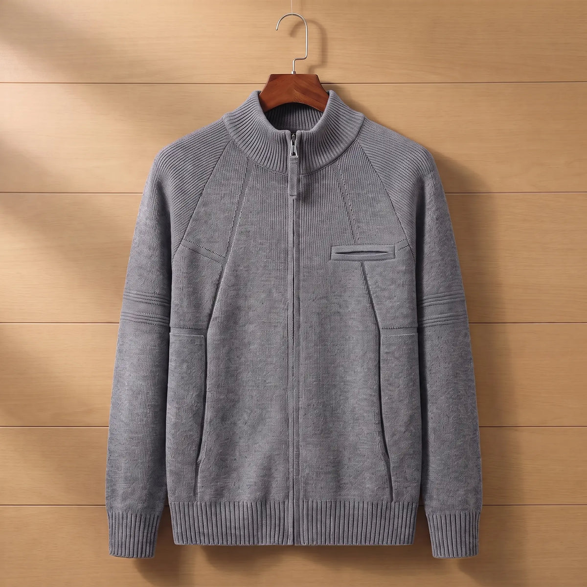 STAND COLLAR CARDIGAN in dark gray, men's stand collar zip knit cardigan with raglan sleeves and chest pocket
