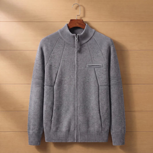 STAND COLLAR CARDIGAN in dark gray, men's stand collar zip knit cardigan with raglan sleeves and chest pocket