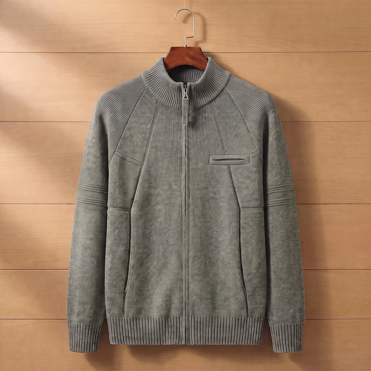 STAND COLLAR CARDIGAN in green, men's stand collar zip knit cardigan with raglan sleeves and chest pocket