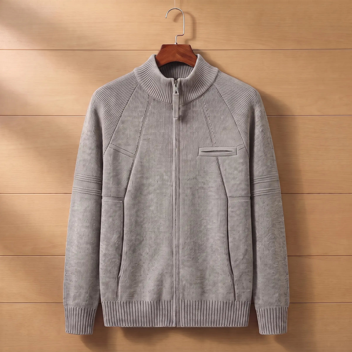 STAND COLLAR CARDIGAN in khaki, men's stand collar zip knit cardigan with raglan sleeves and chest pocket