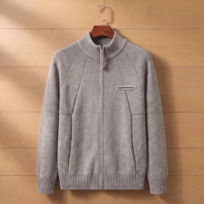 STAND COLLAR CARDIGAN in khaki, men's stand collar zip knit cardigan with raglan sleeves and chest pocket