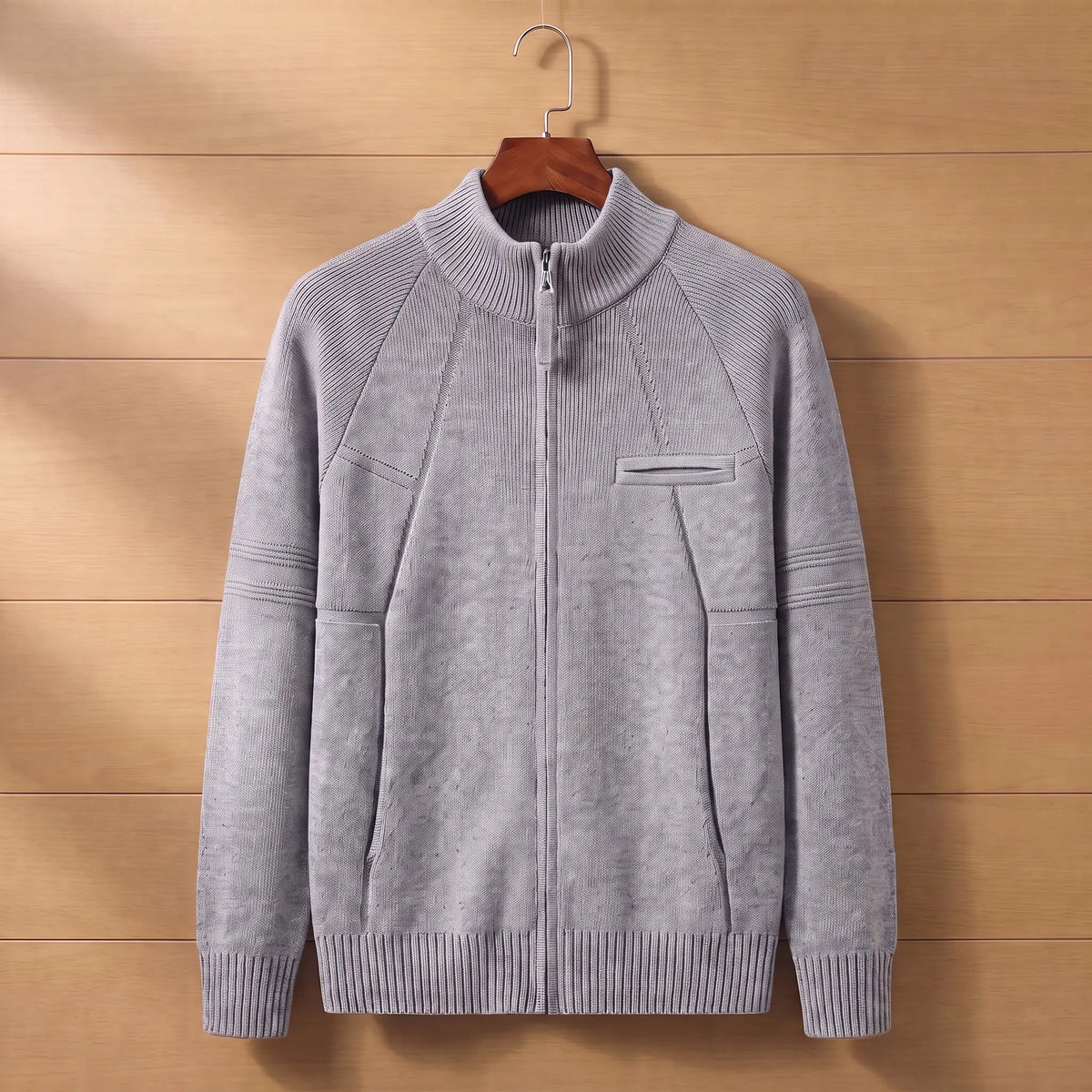 STAND COLLAR CARDIGAN in light gray, men's stand collar zip knit cardigan with raglan sleeves and chest pocket