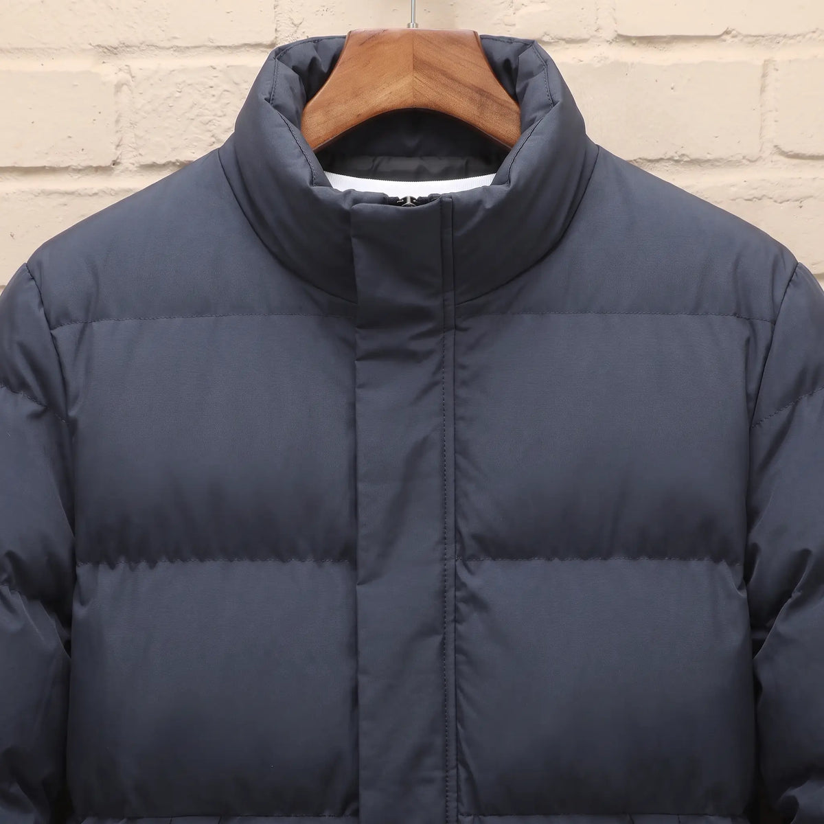 Stand Collar Puffer in Navy Blue, stand collar and zip detail