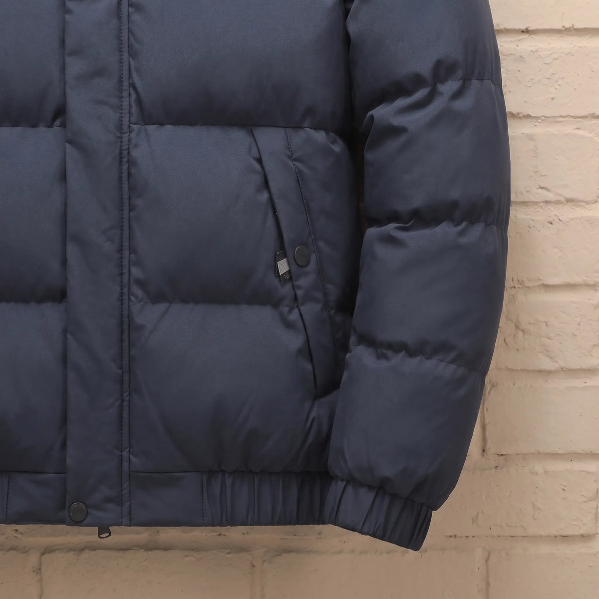 Stand Collar Puffer in Navy Blue, zip pocket, rib cuff and hem detail
