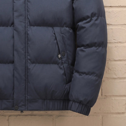 Stand Collar Puffer in Navy Blue, zip pocket, rib cuff and hem detail