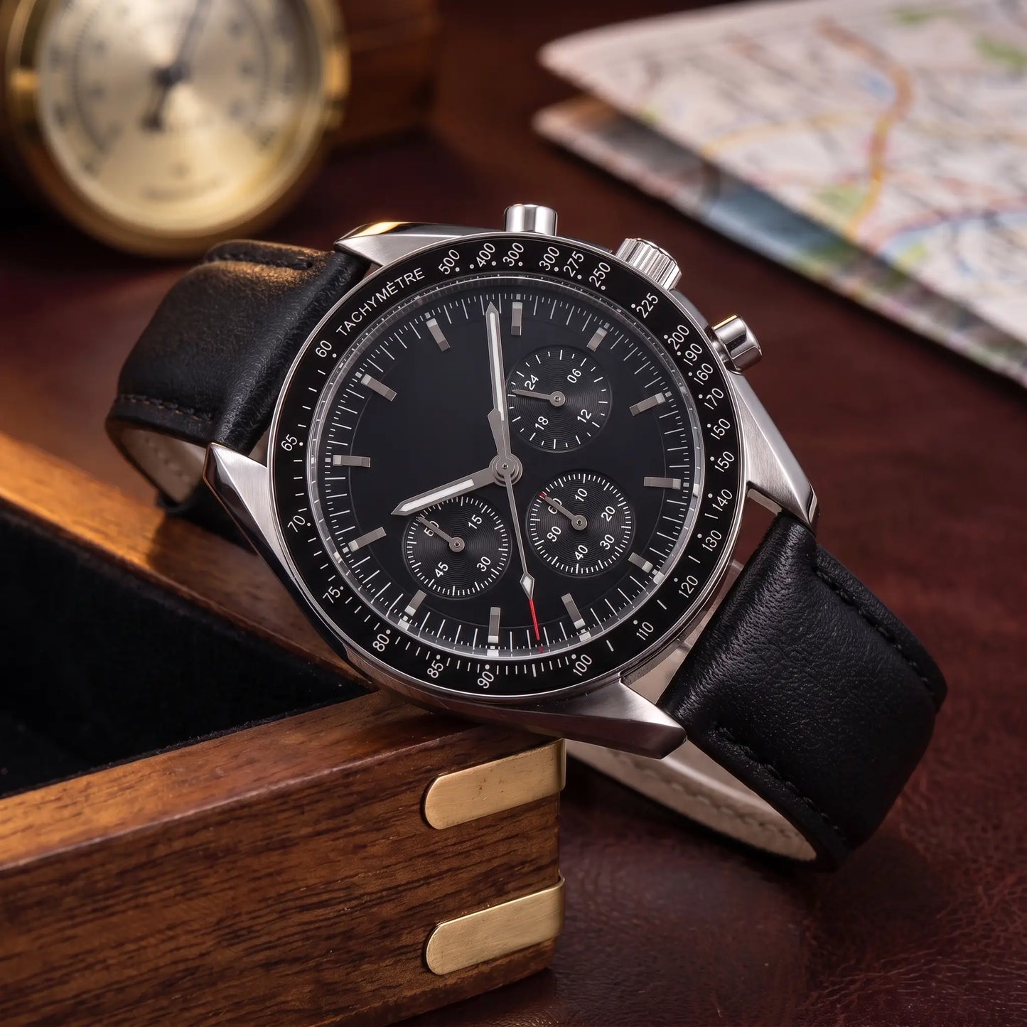 STEEL CHRONOGRAPH WATCH in Black - 42mm steel chronograph with black dial and black leather strap