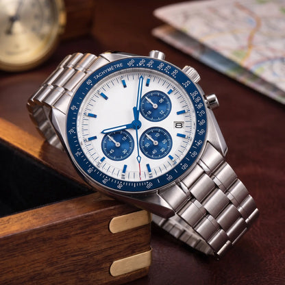 STEEL CHRONOGRAPH WATCH in Blue - 42mm steel chronograph with white dial, blue sub-dials and blue tachymetre bezel