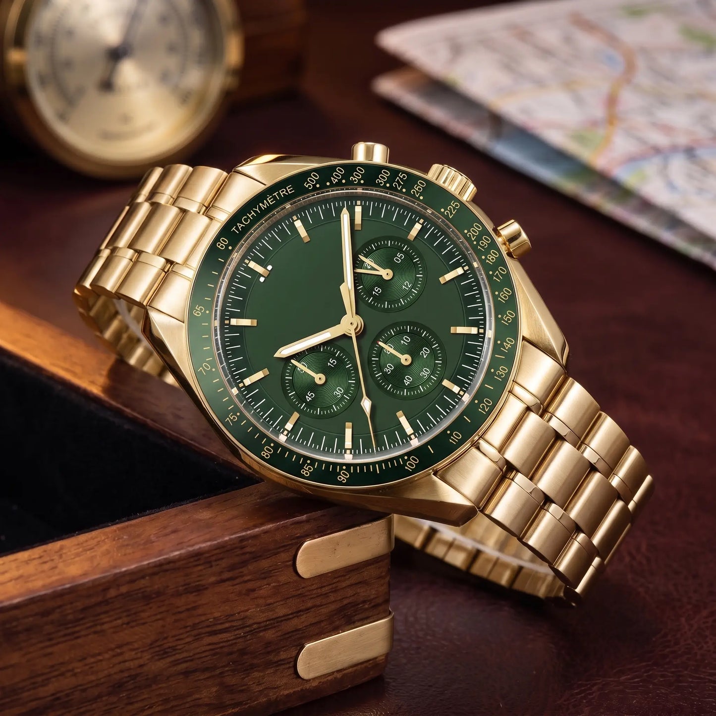 STEEL CHRONOGRAPH WATCH in Gold Green - gold case chronograph with green dial and green tachymetre bezel