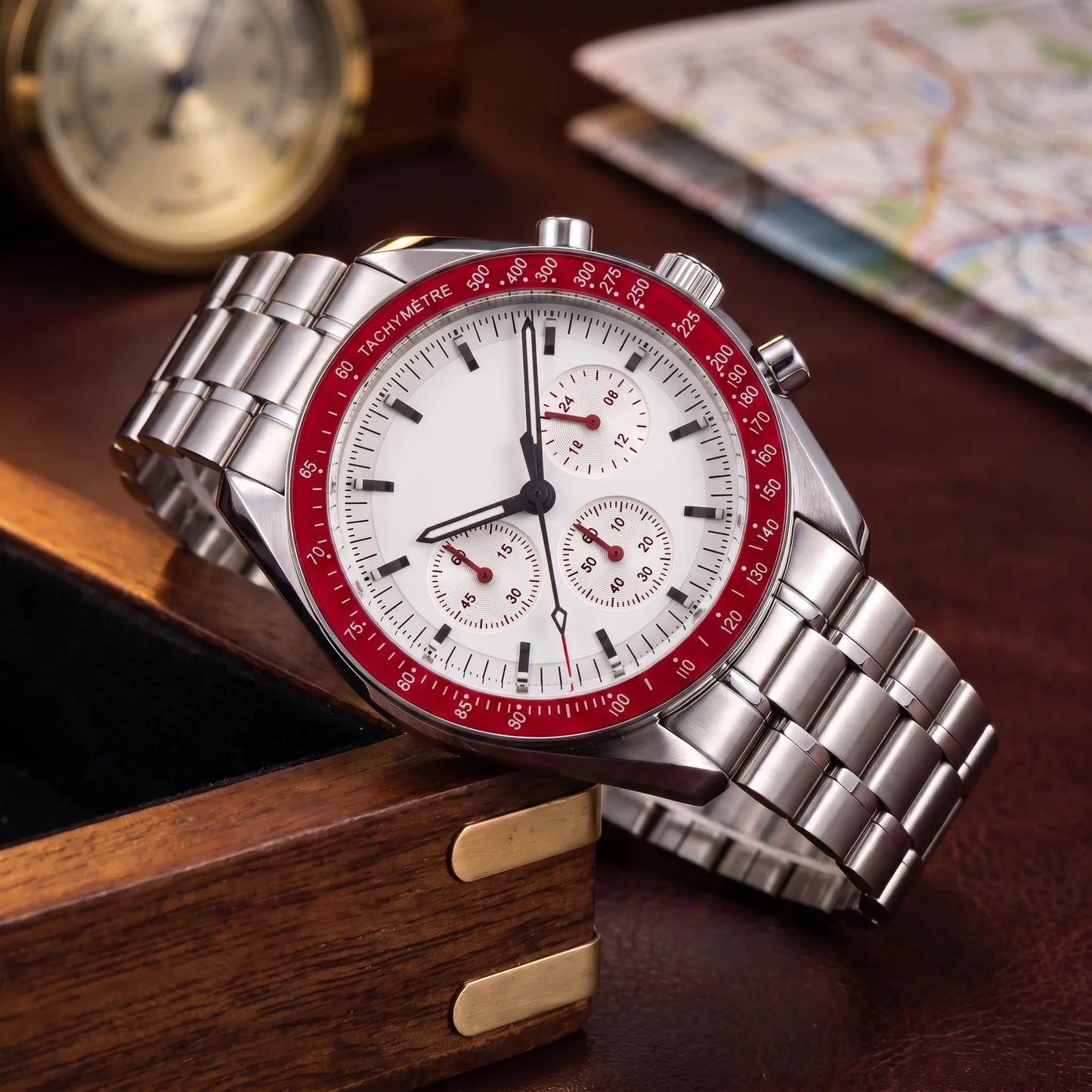 STEEL CHRONOGRAPH WATCH in Red - 42mm steel chronograph with silver dial and red tachymetre bezel