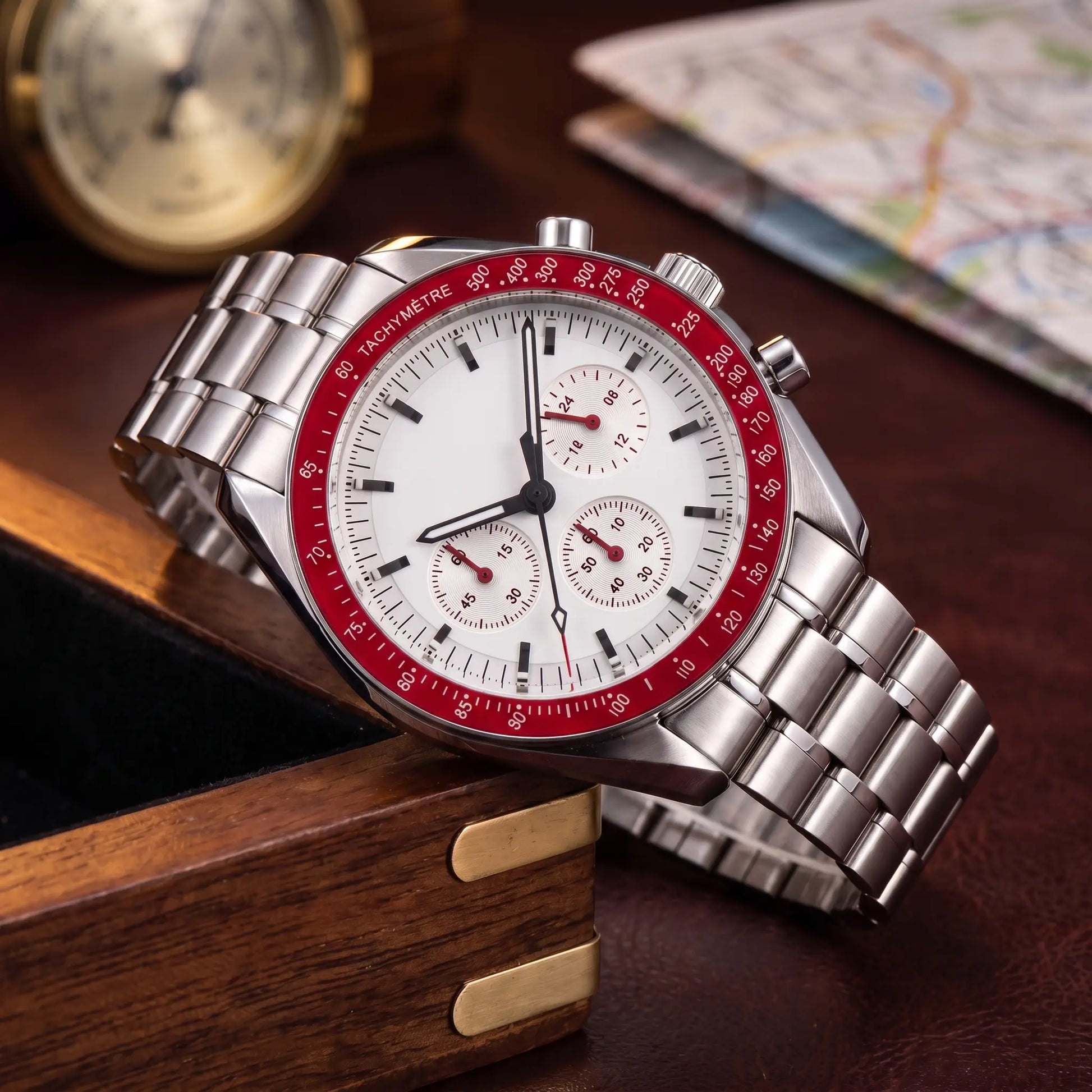 STEEL CHRONOGRAPH WATCH in Red - 42mm steel chronograph with silver dial and red tachymetre bezel