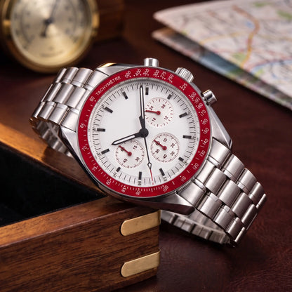 STEEL CHRONOGRAPH WATCH in Red - 42mm steel chronograph with silver dial and red tachymetre bezel