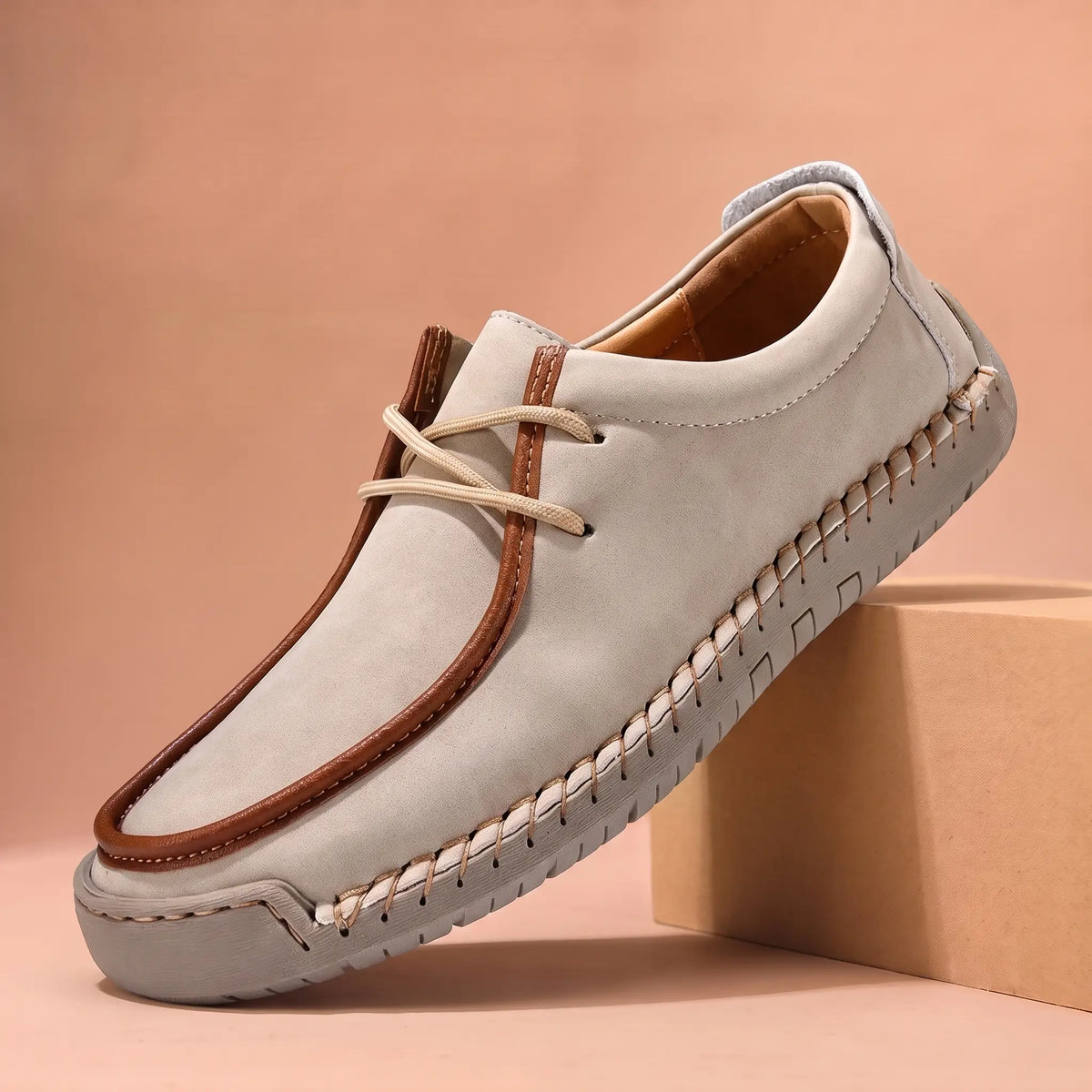 Stitched lace-up moc shoe in beige