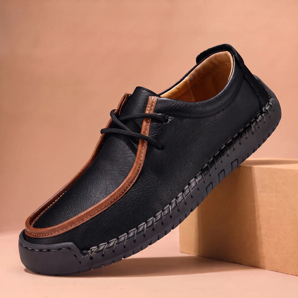 Stitched lace-up moc shoe in black