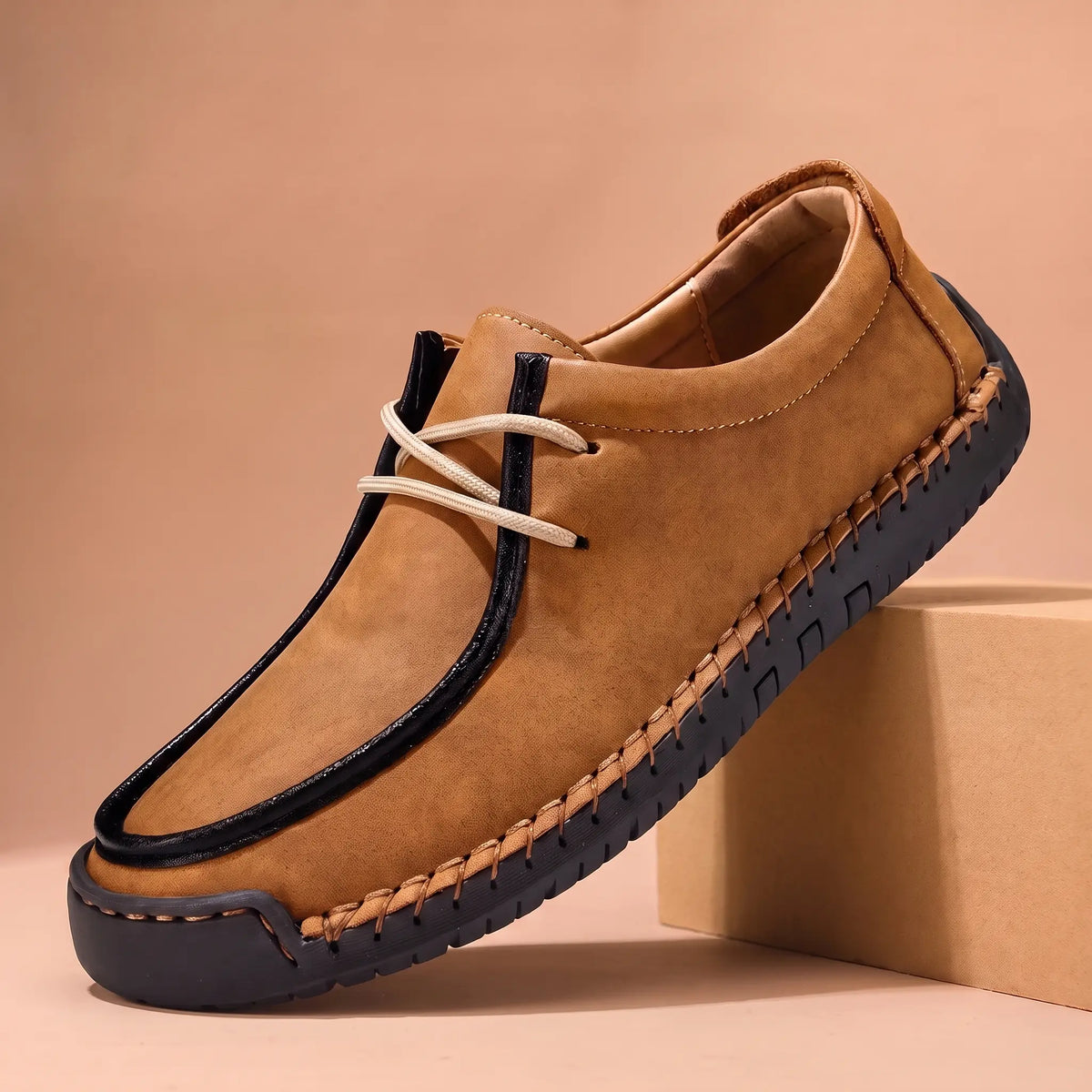 Stitched lace-up moc shoe in brown