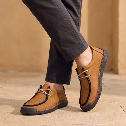 Man wearing brown stitched lace-up moc shoes