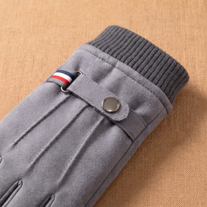 Strap Cuff Gloves in Grey, snap wrist strap and ribbed cuff close-up