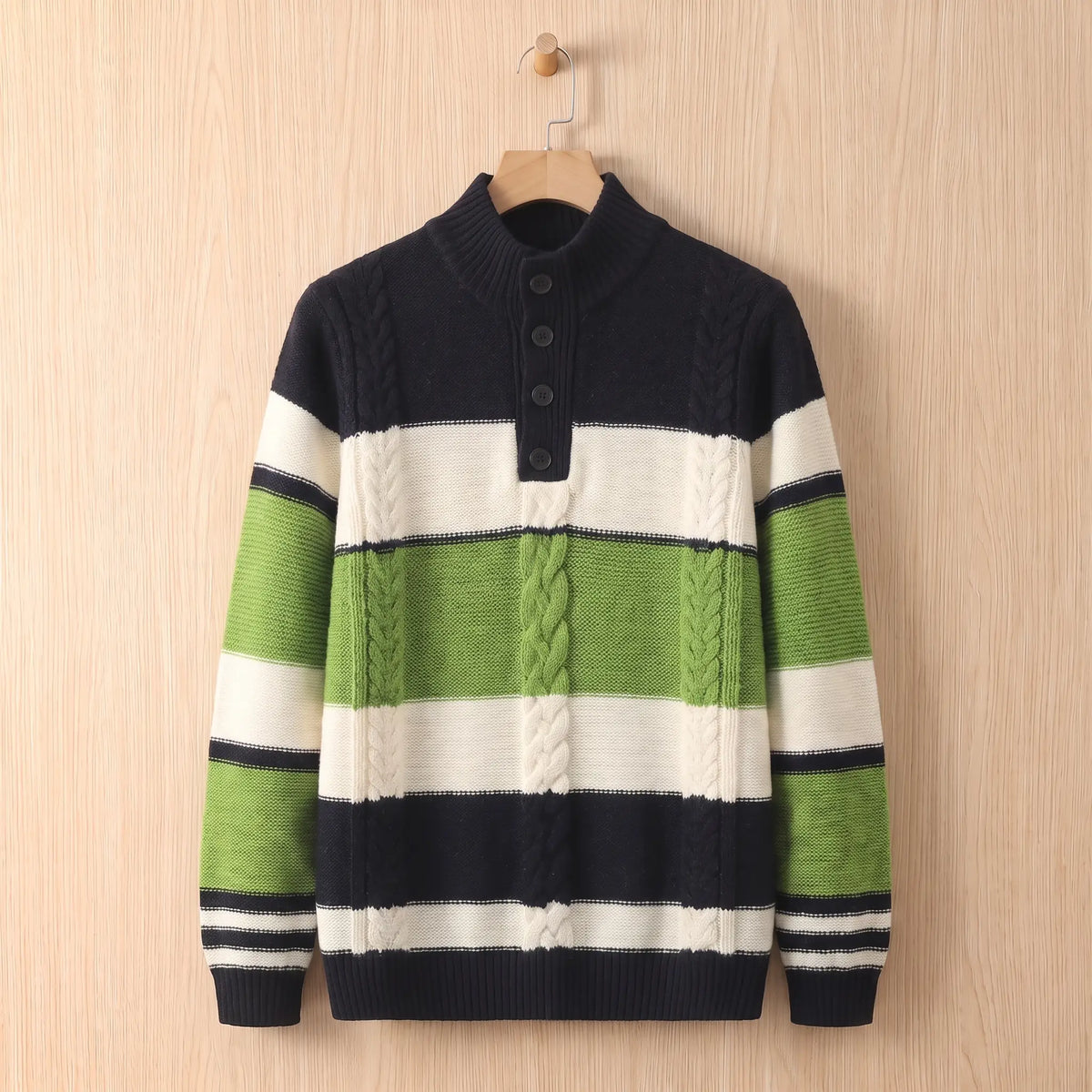 STRIPED CABLE SWEATER Navy Blue