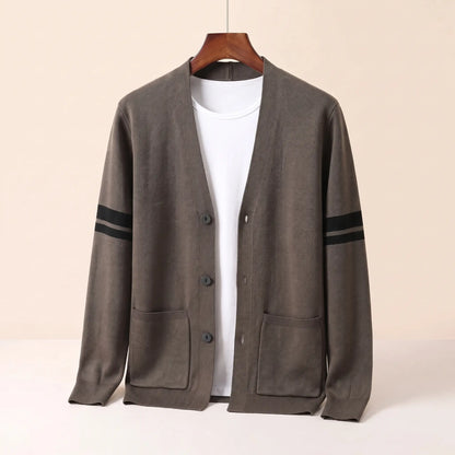 Men's brown striped V-neck knit cardigan with three buttons, patch pockets and black sleeve stripes