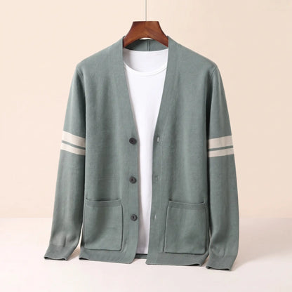 Men's green striped V-neck knit cardigan with three buttons, patch pockets and cream sleeve stripes