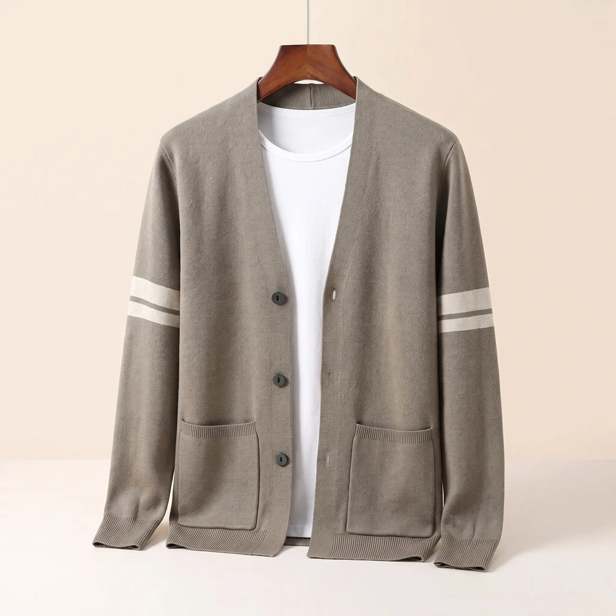 Men's khaki striped V-neck knit cardigan with three buttons, patch pockets and cream sleeve stripes