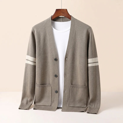 Men's khaki striped V-neck knit cardigan with three buttons, patch pockets and cream sleeve stripes