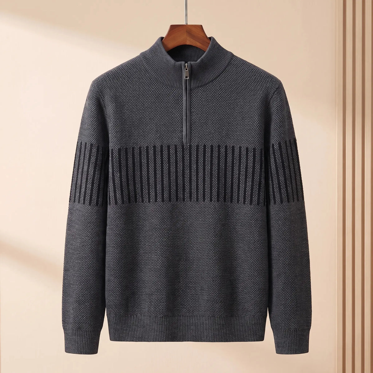 STRIPE BAND SWEATER in dark gray, men's mock neck quarter-zip knit sweater with a striped chest band