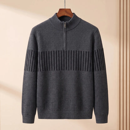 STRIPE BAND SWEATER in dark gray, men's mock neck quarter-zip knit sweater with a striped chest band