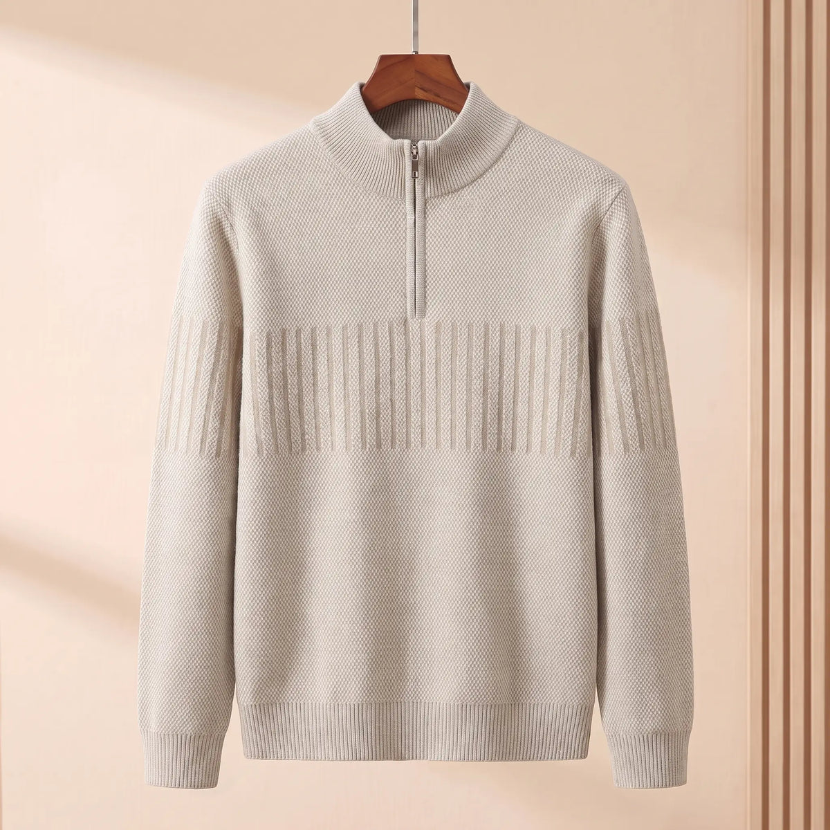 STRIPE BAND SWEATER in khaki, men's mock neck quarter-zip knit sweater with a striped chest band